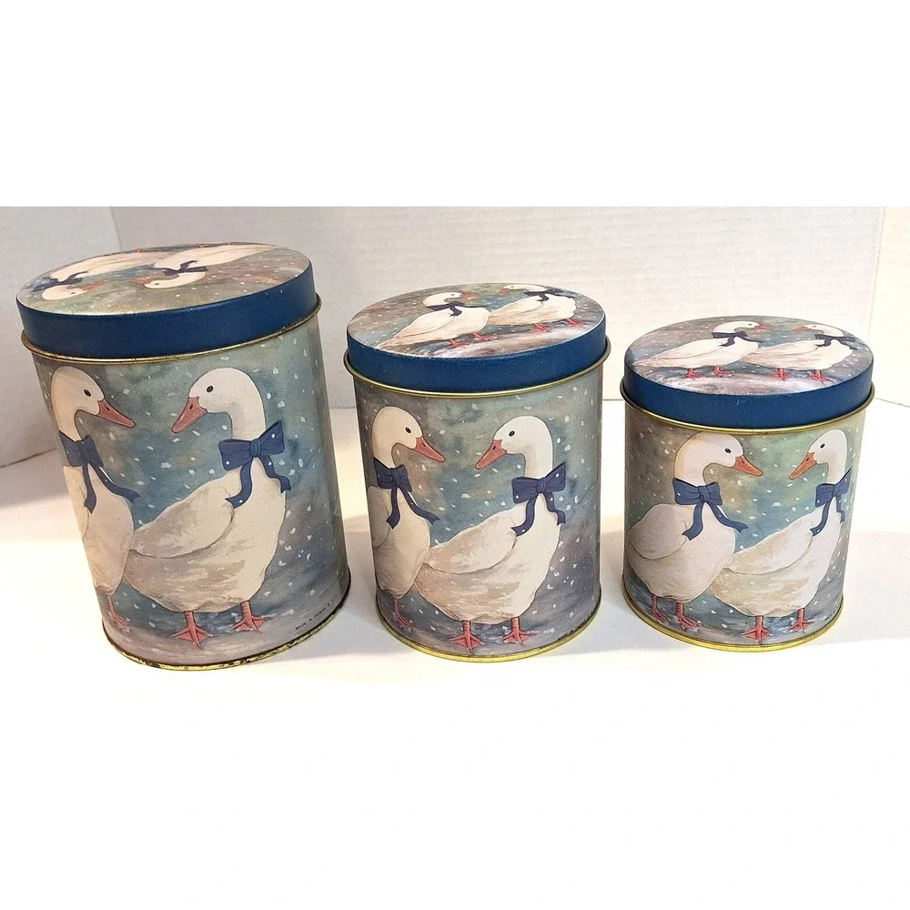 Vintage Geese with Blue Bows Nesting Canister Tin Set 3 Piece Cottagecore Decor
